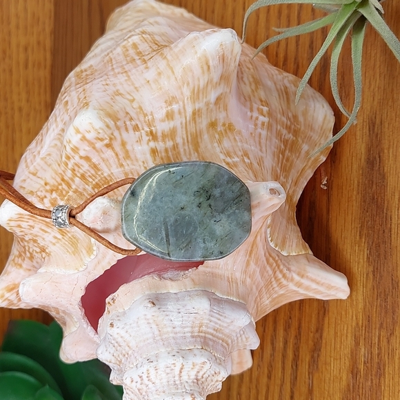 Labradorite Crystal Necklace, Leather, Artisan Made by Rust Belt Raised - Picture 5 of 14